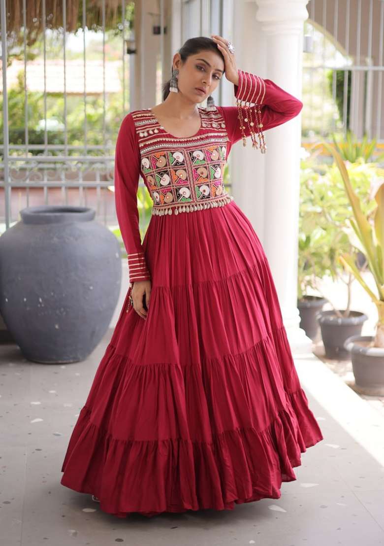 Maroon Embroidered Rayon Gown - Indya