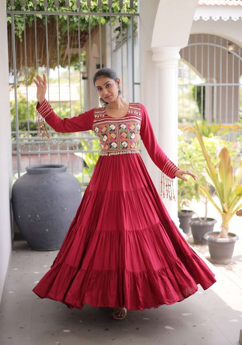 Maroon Embroidered Rayon Gown - Indya