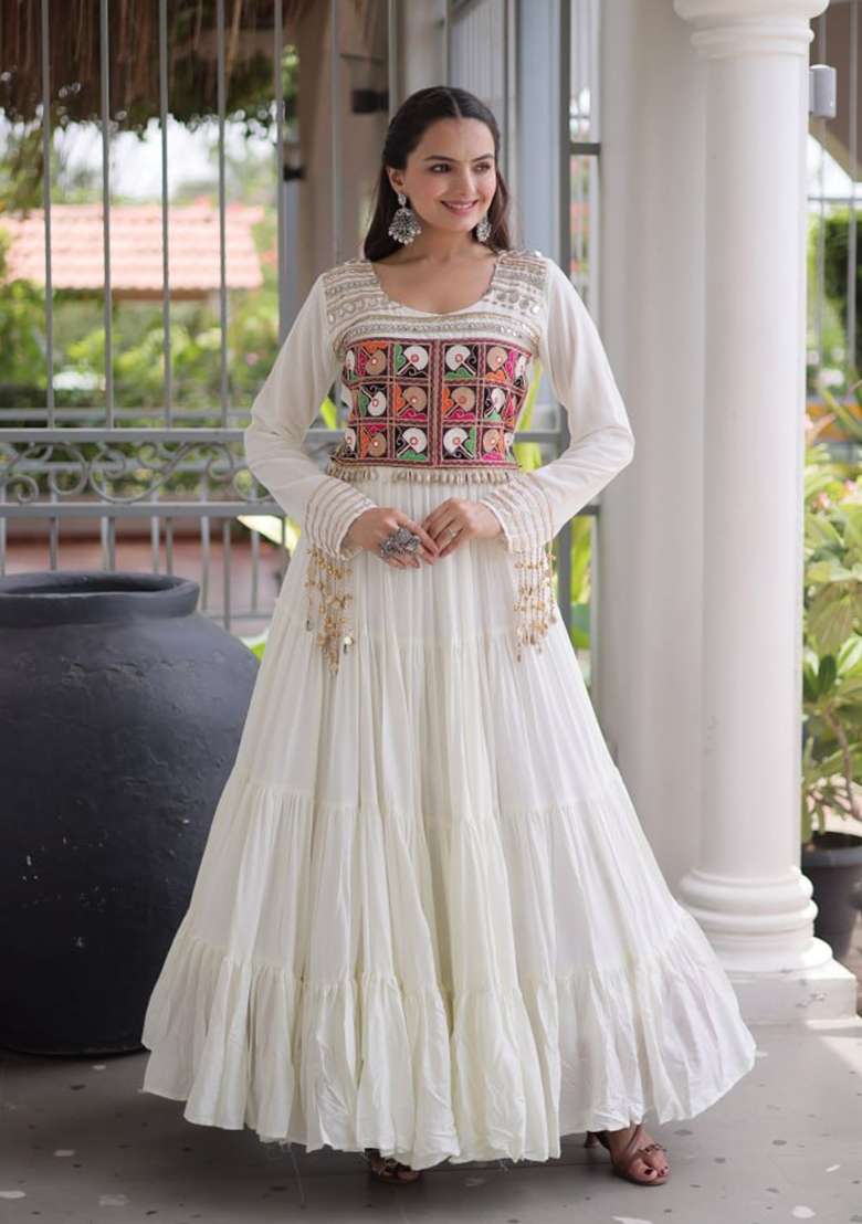 White Embroidered Rayon Gown - Indya
