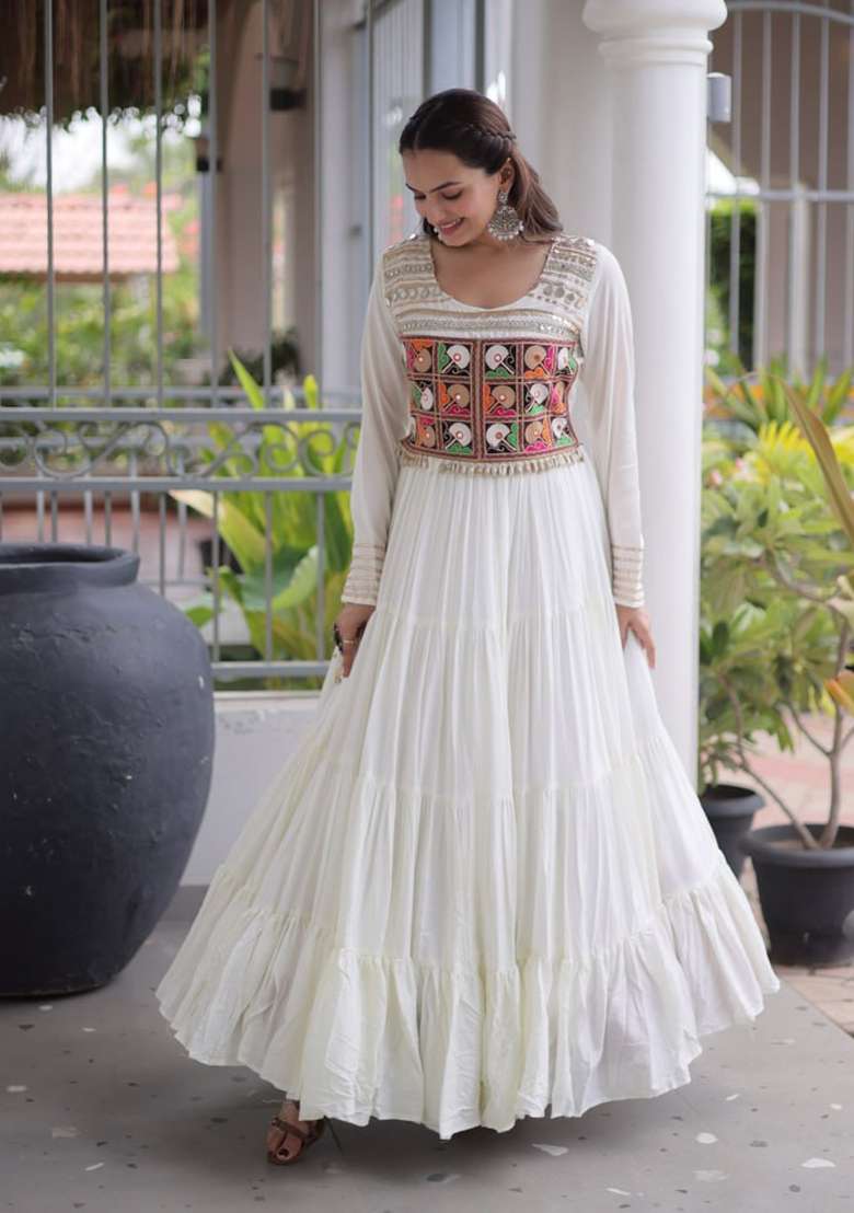 White Embroidered Rayon Gown - Indya