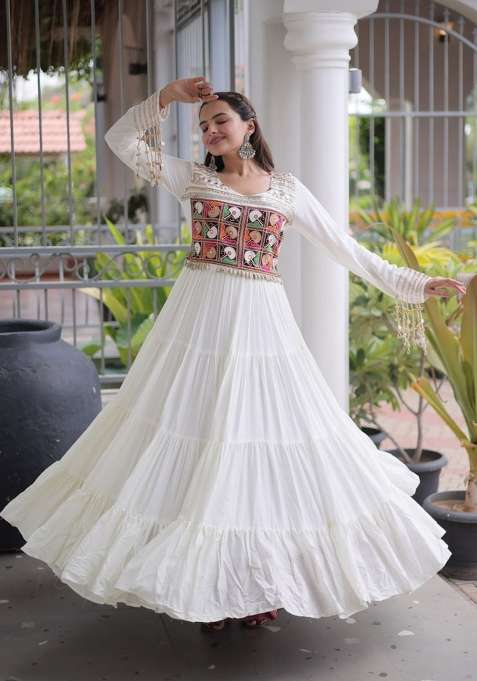 White Embroidered Rayon Gown