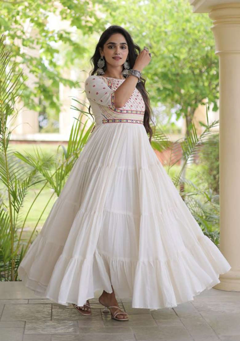 White Embroidered Cotton Gown - Indya