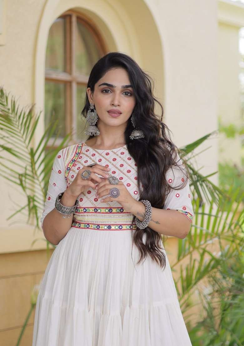 White Embroidered Cotton Gown - Indya