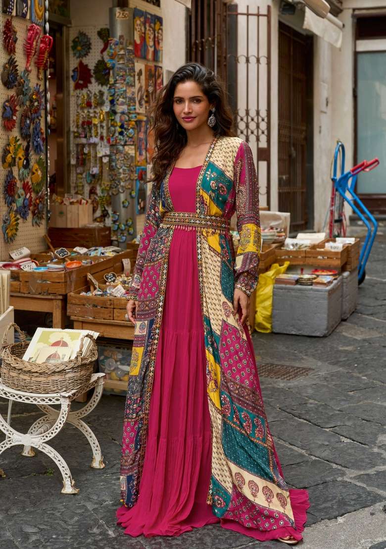 Fuchsia Pink Solid Silk Gown Set - Indya