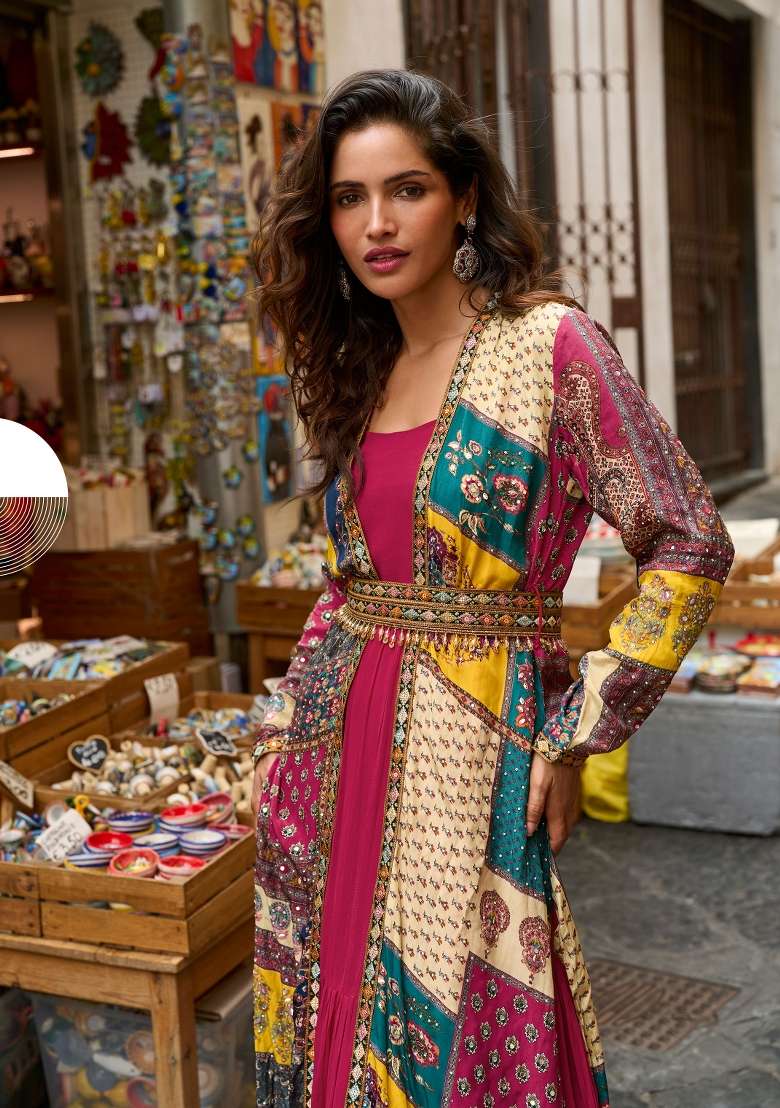 Fuchsia Pink Solid Silk Gown Set - Indya