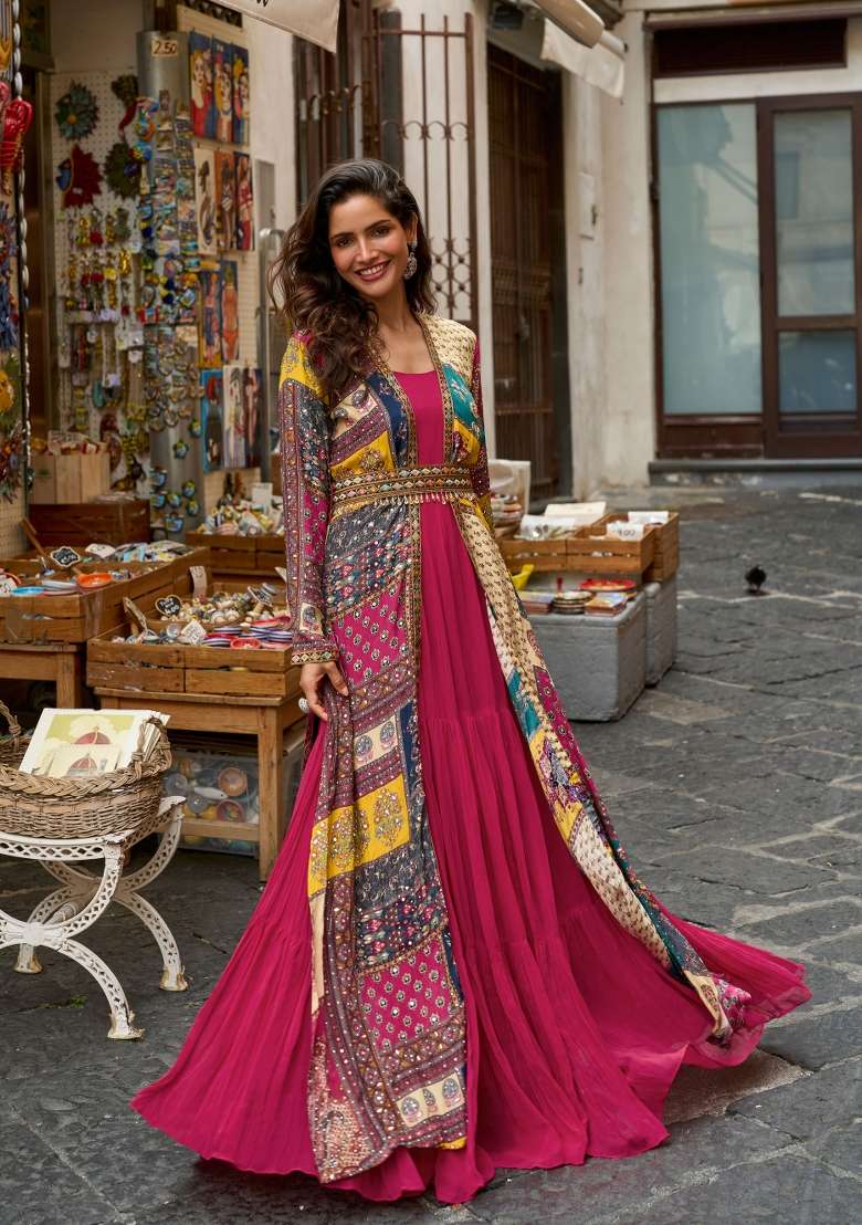 Fuchsia Pink Solid Silk Gown Set - Indya