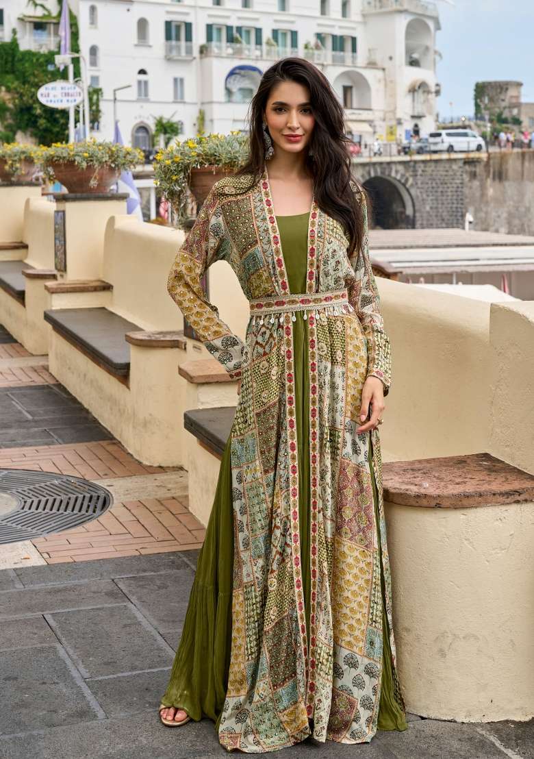 Olive Green Solid Silk Gown Set - Indya