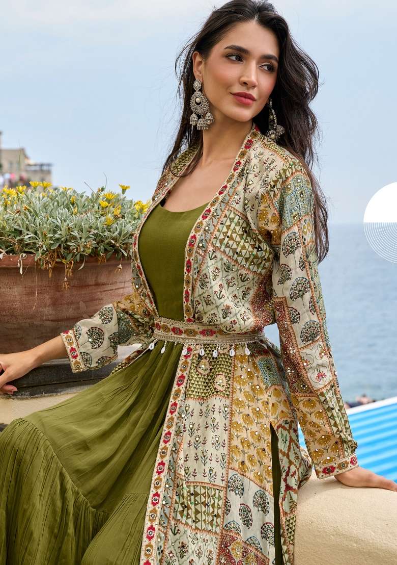 Olive Green Solid Silk Gown Set - Indya