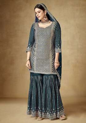 Teal Blue Embroidered Chinon Kurta Set