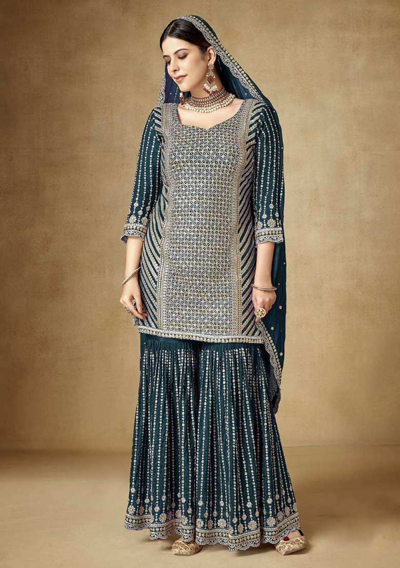 Teal Blue Embroidered Chinon Kurta Set - Indya