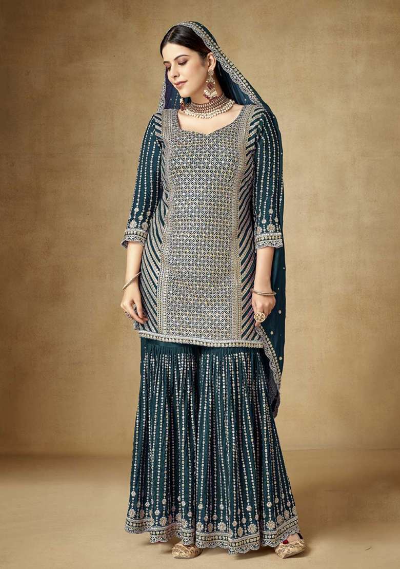 Teal Blue Embroidered Chinon Kurta Set - Indya