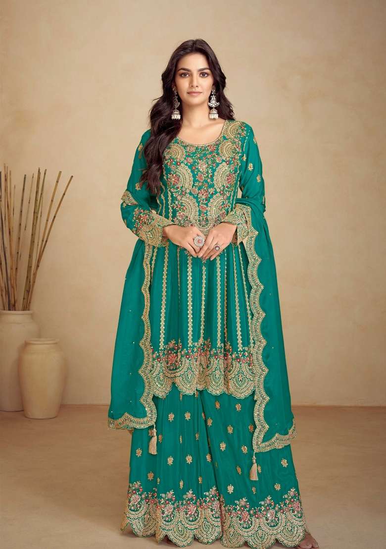 Teal Green Embroidered Chinon Kurta Set - Indya