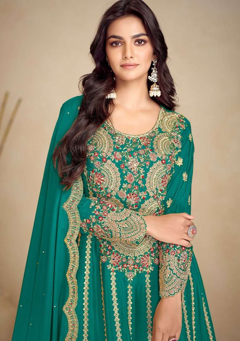 Teal Green Embroidered Chinon Kurta Set - Indya