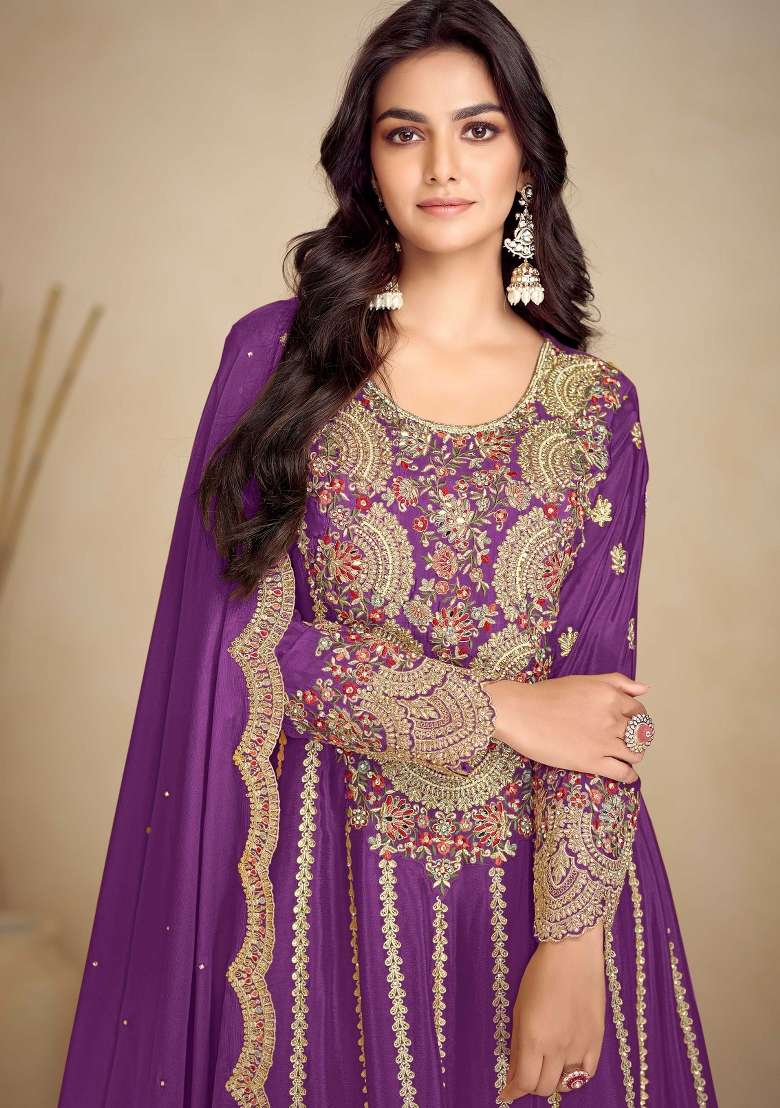 Purple Embroidered Chinon Kurta Set - Indya