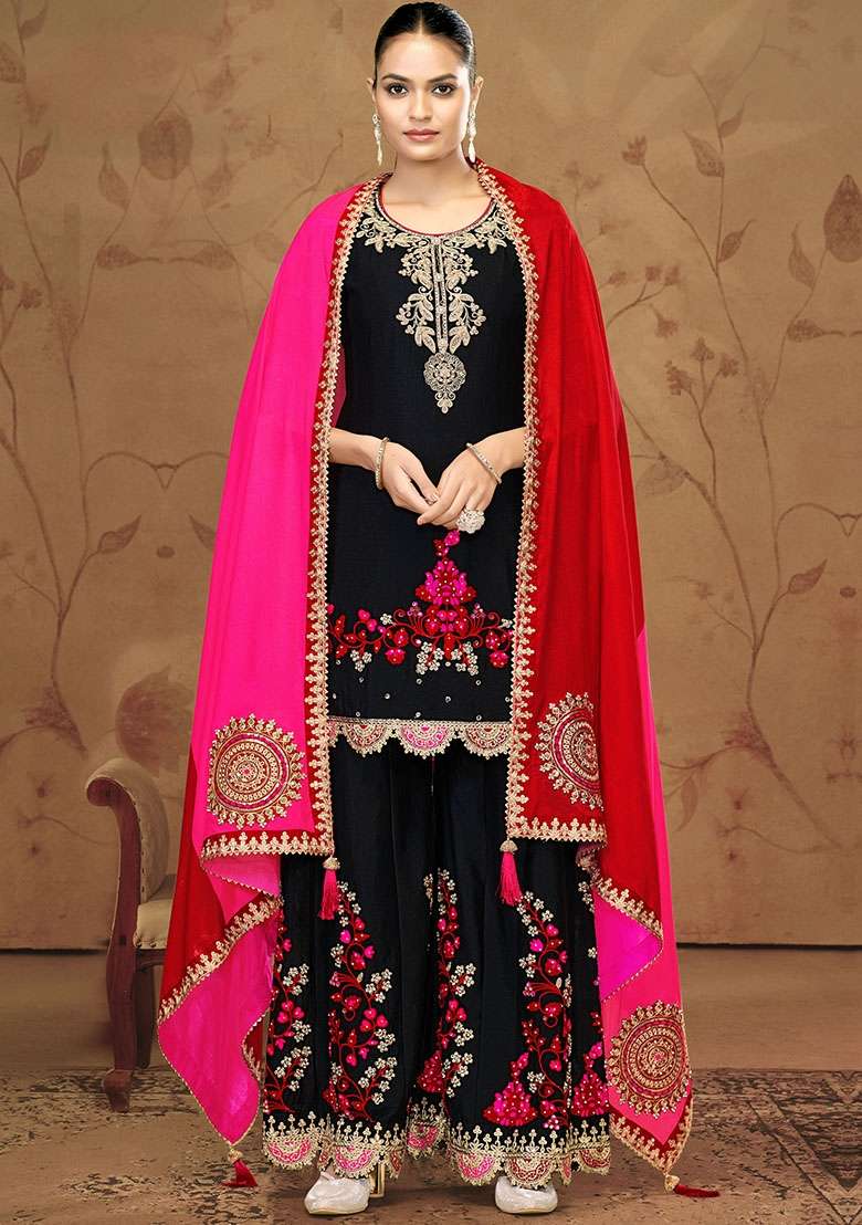 Black Embroidered Chinon Kurta Set - Indya