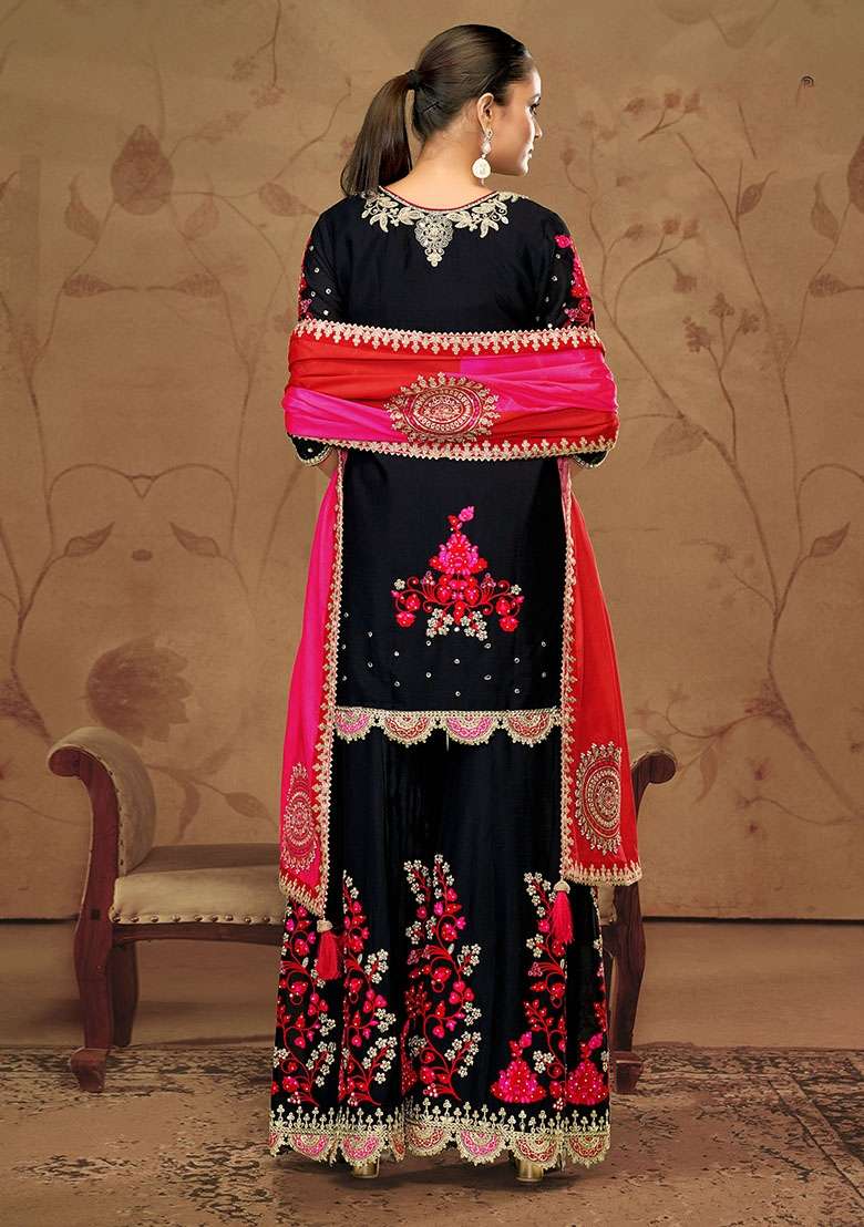 Black Embroidered Chinon Kurta Set - Indya