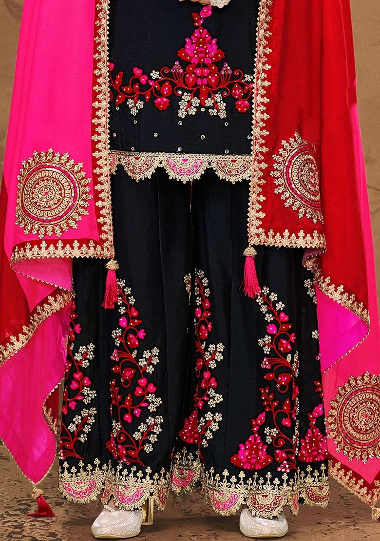Black Embroidered Chinon Kurta Set - Indya