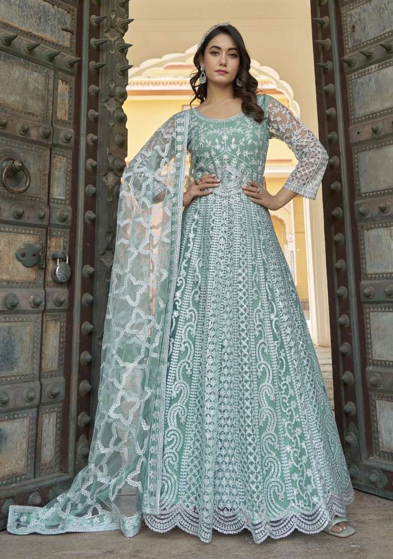 Sea Green Embroidered Net Kurta With Dupatta - Indya