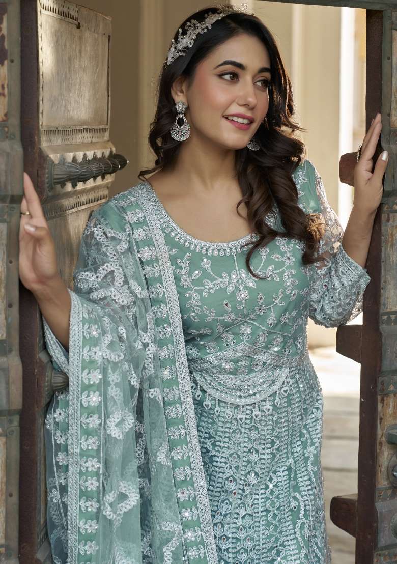 Sea Green Embroidered Net Kurta With Dupatta - Indya