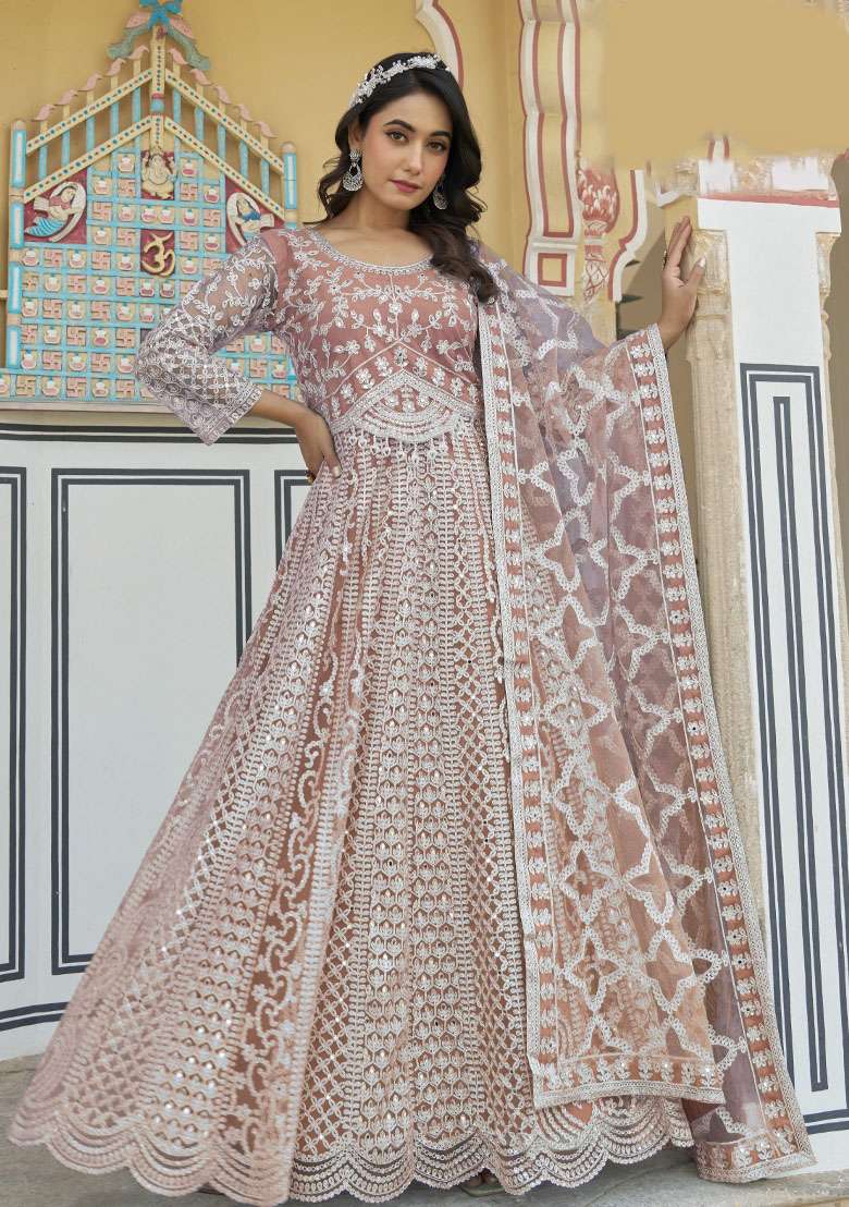 Peach Embroidered Net Kurta With Dupatta - Indya