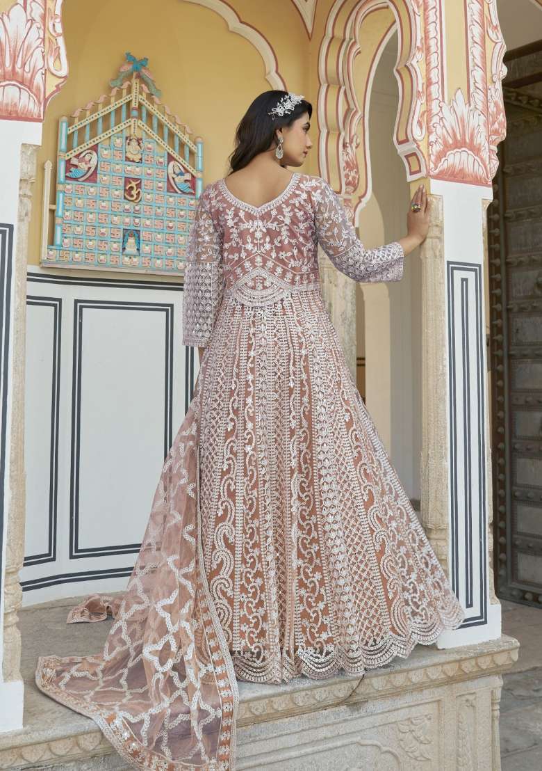Peach Embroidered Net Kurta With Dupatta - Indya
