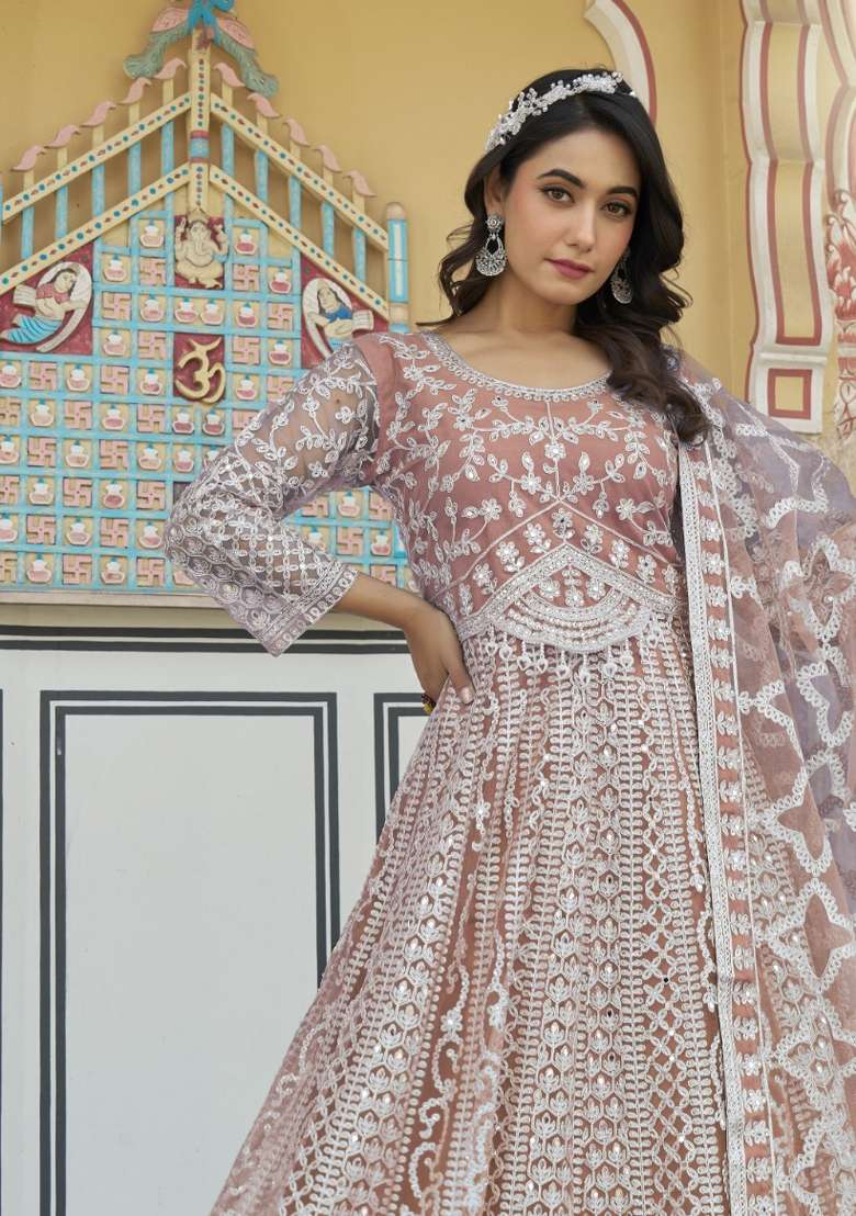 Peach Embroidered Net Kurta With Dupatta - Indya