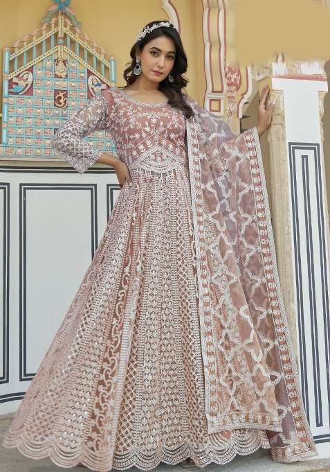 Peach Embroidered Net Kurta With Dupatta