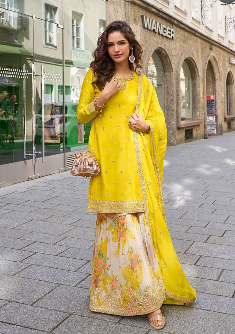 Yellow Embroidered Chinon Kurta Set - Indya