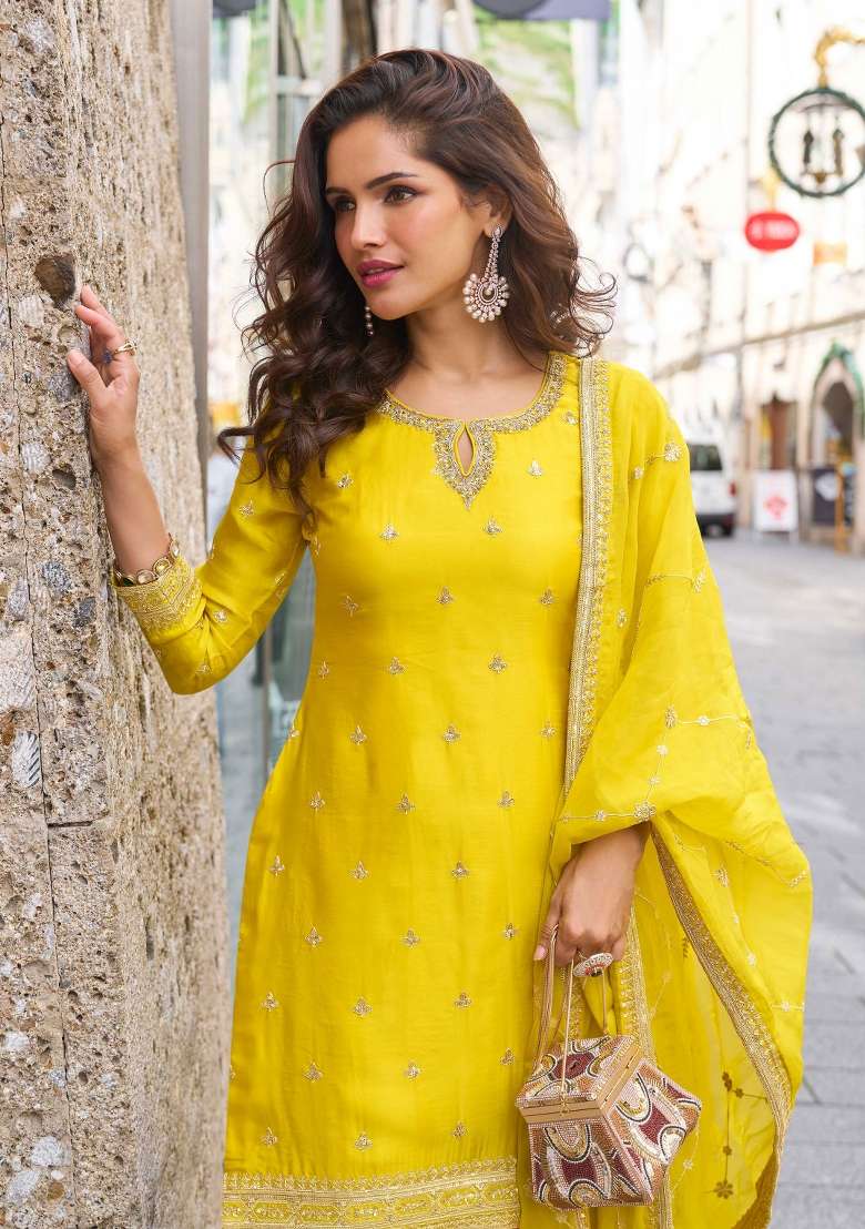 Yellow Embroidered Chinon Kurta Set - Indya
