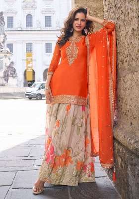 Orange Embroidered Chinon Kurta Set