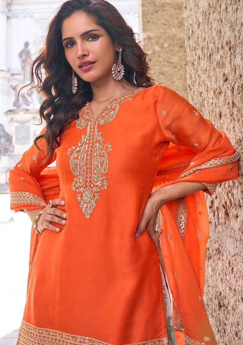 Orange Embroidered Chinon Kurta Set - Indya