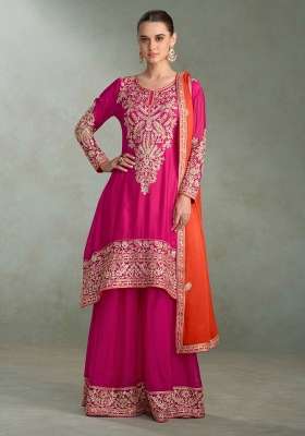 Rani Pink Embroidered Chinon Kurta Set