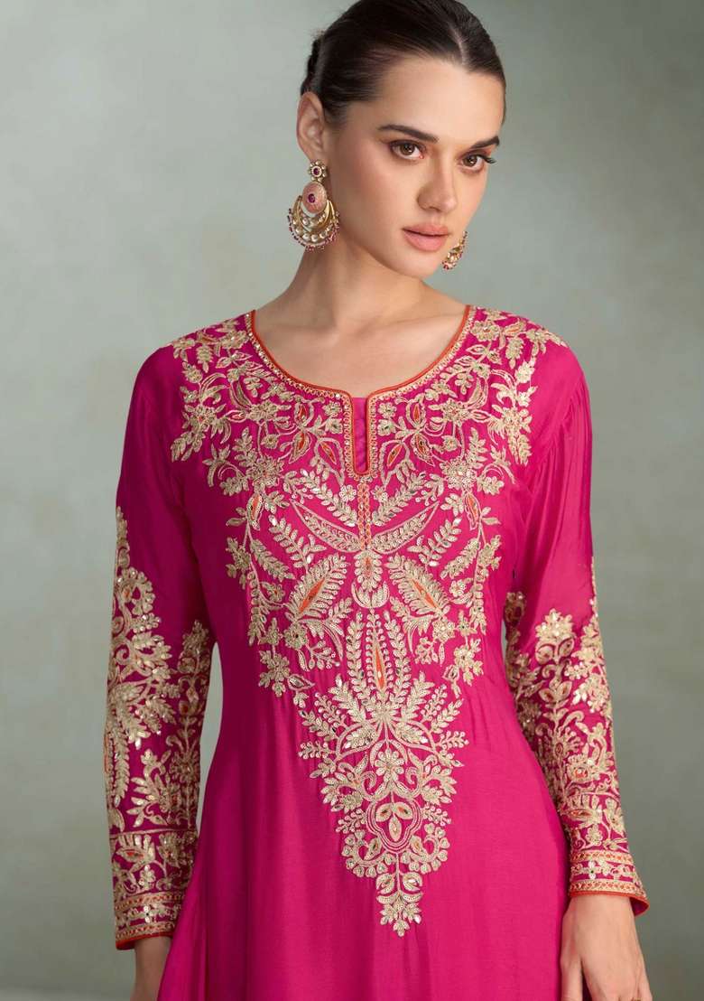Rani Pink Embroidered Chinon Kurta Set - Indya