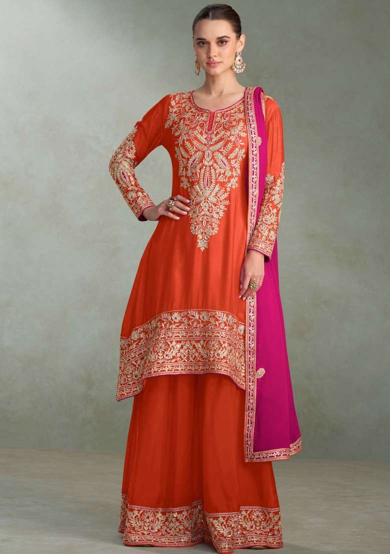 Orange Embroidered Chinon Kurta Set - Indya