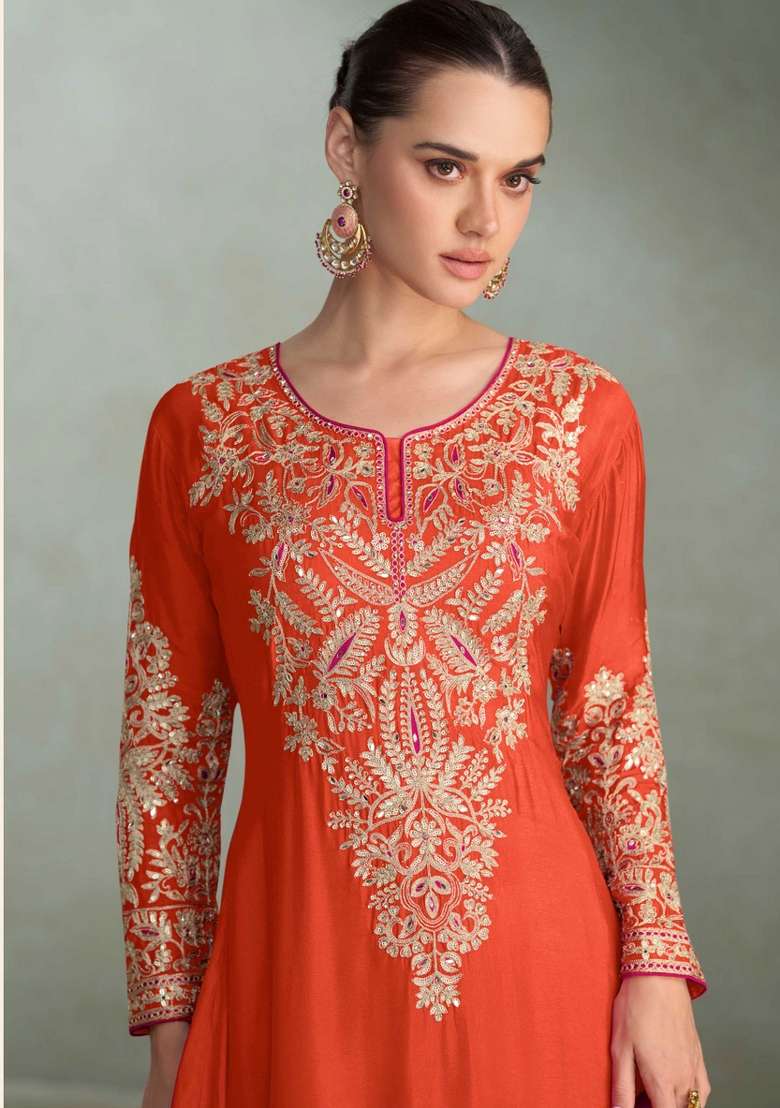 Orange Embroidered Chinon Kurta Set - Indya