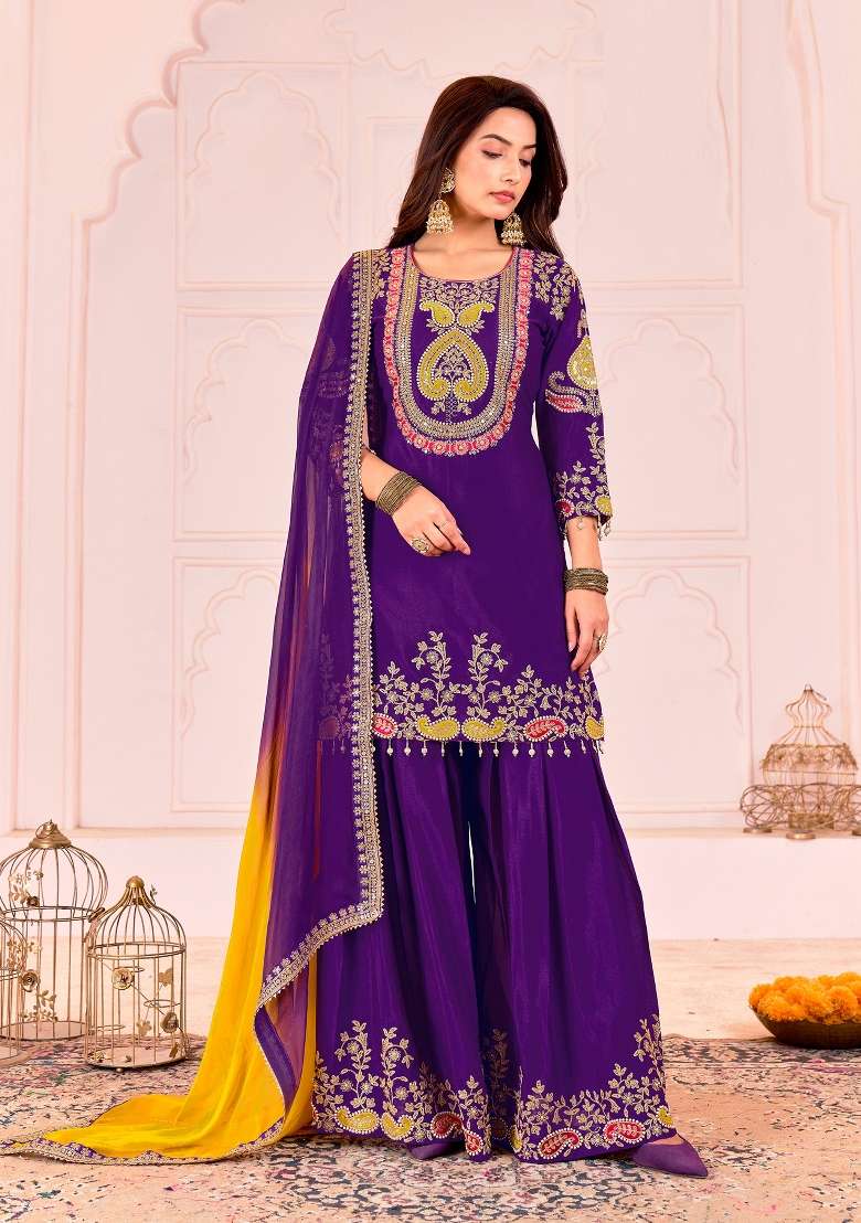 Yellow Embroidered Chinon Kurta Set - Indya