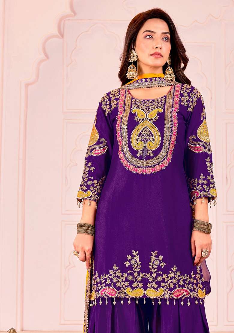 Yellow Embroidered Chinon Kurta Set - Indya