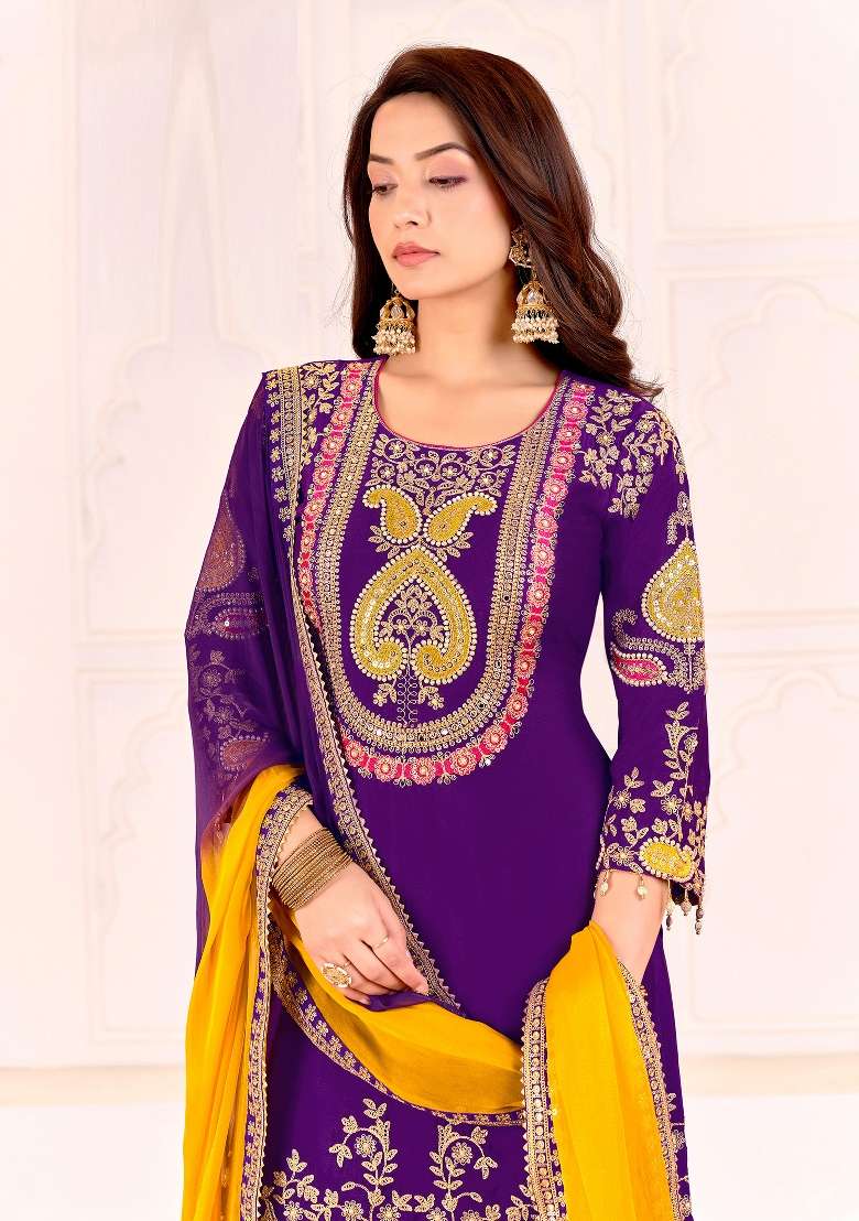 Yellow Embroidered Chinon Kurta Set - Indya