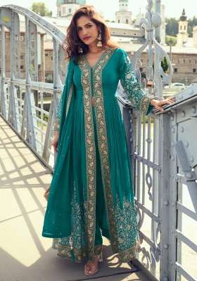 Turquoise Blue Embroidered Chinon Kurta Set