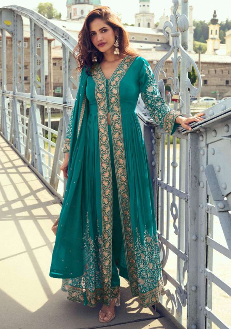 Turquoise Blue Embroidered Chinon Kurta Set - Indya