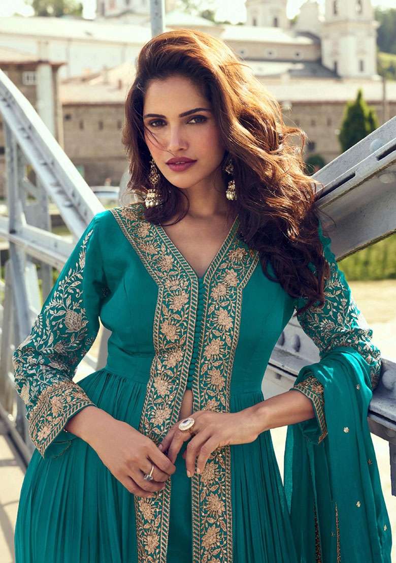 Turquoise Blue Embroidered Chinon Kurta Set - Indya