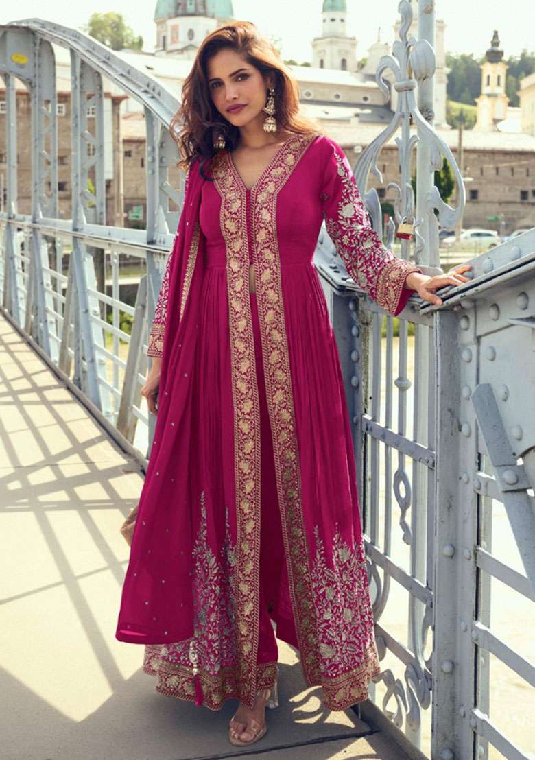 Pink Embroidered Chinon Kurta Set - Indya