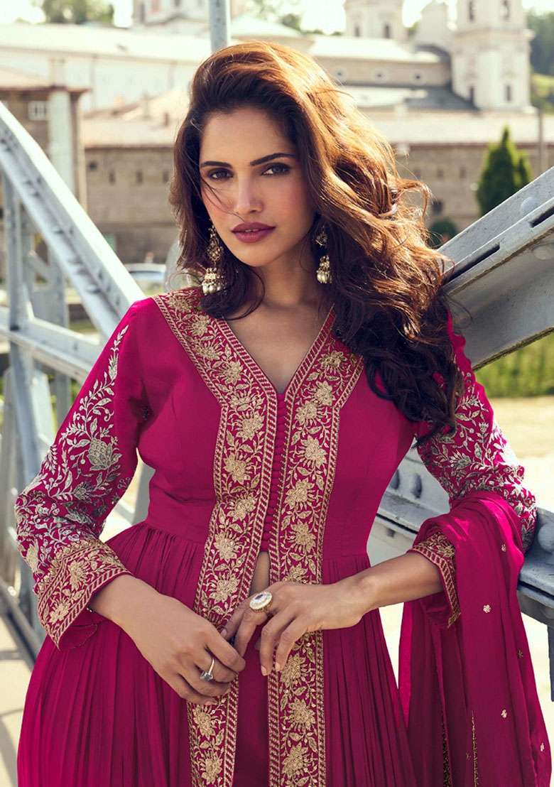Pink Embroidered Chinon Kurta Set - Indya