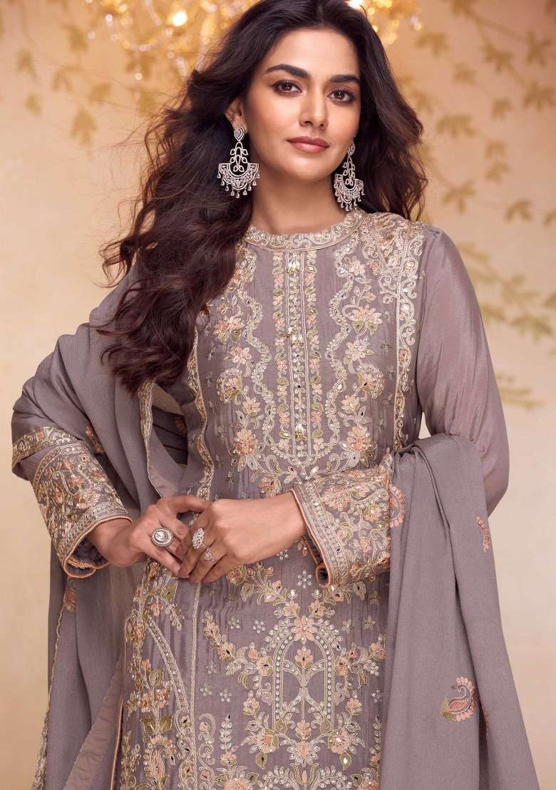 Grey Embroidered Chinon Kurta Set - Indya