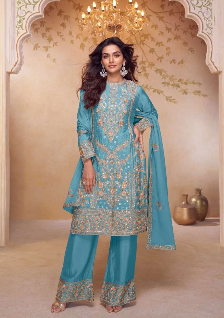 Blue Embroidered Chinon Kurta Set - Indya