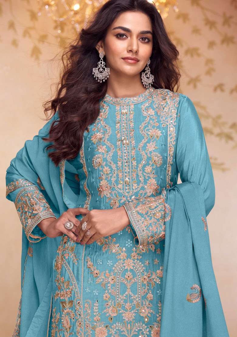 Blue Embroidered Chinon Kurta Set - Indya