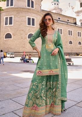 Sea Green Embroidered Silk Kurta Set