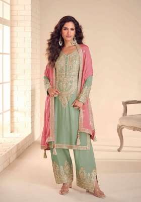 Sea Green Embroidered Chinon Kurta Set