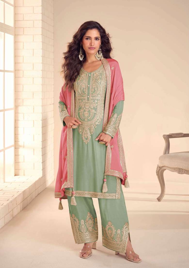 Sea Green Embroidered Chinon Kurta Set - Indya