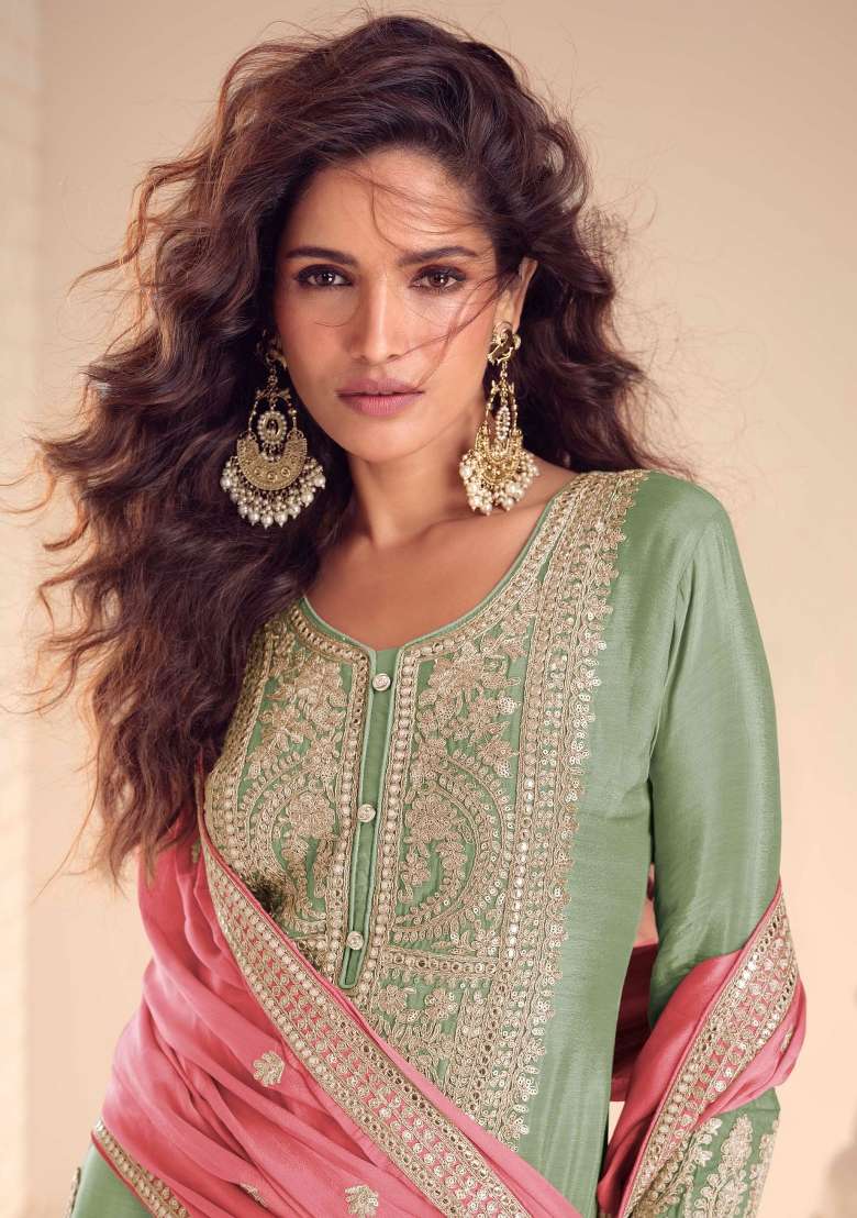 Sea Green Embroidered Chinon Kurta Set - Indya